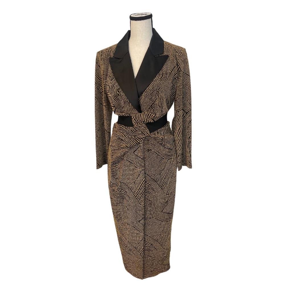 NWOT Mexcoco SATARE Gold and Black Cocktail Midi Dress - Size M